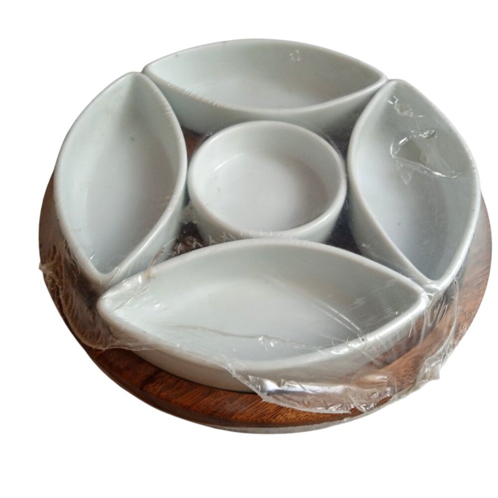 New Wrapped Wood with Ceramic Condiment/Appetizer/Dip Tray/Server/Platter